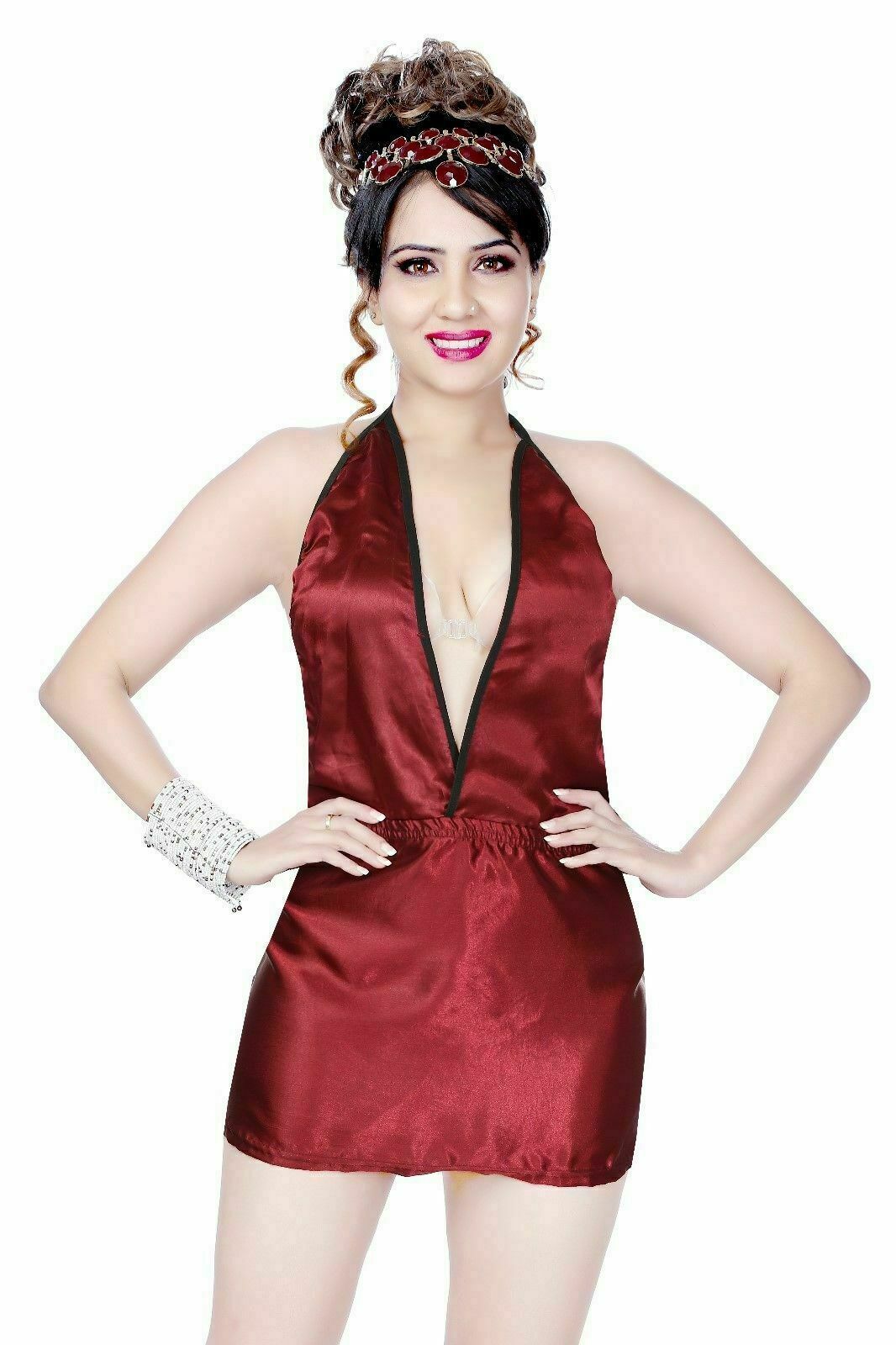 Burgundy Satin Halterneck Dress