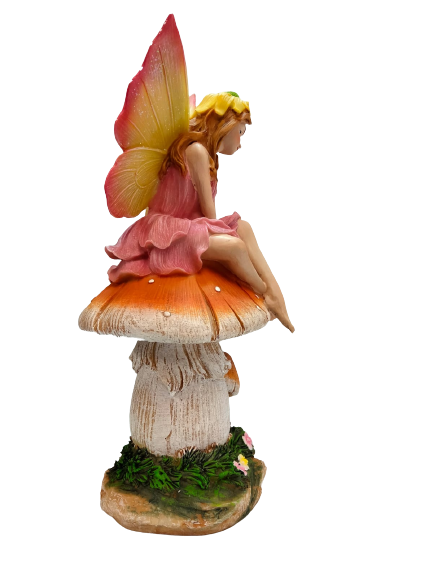 Divas World Secret Garden Fairy Sitting On Mushroom Statue Figurine Fairy Garden Patio Lawn Decoration