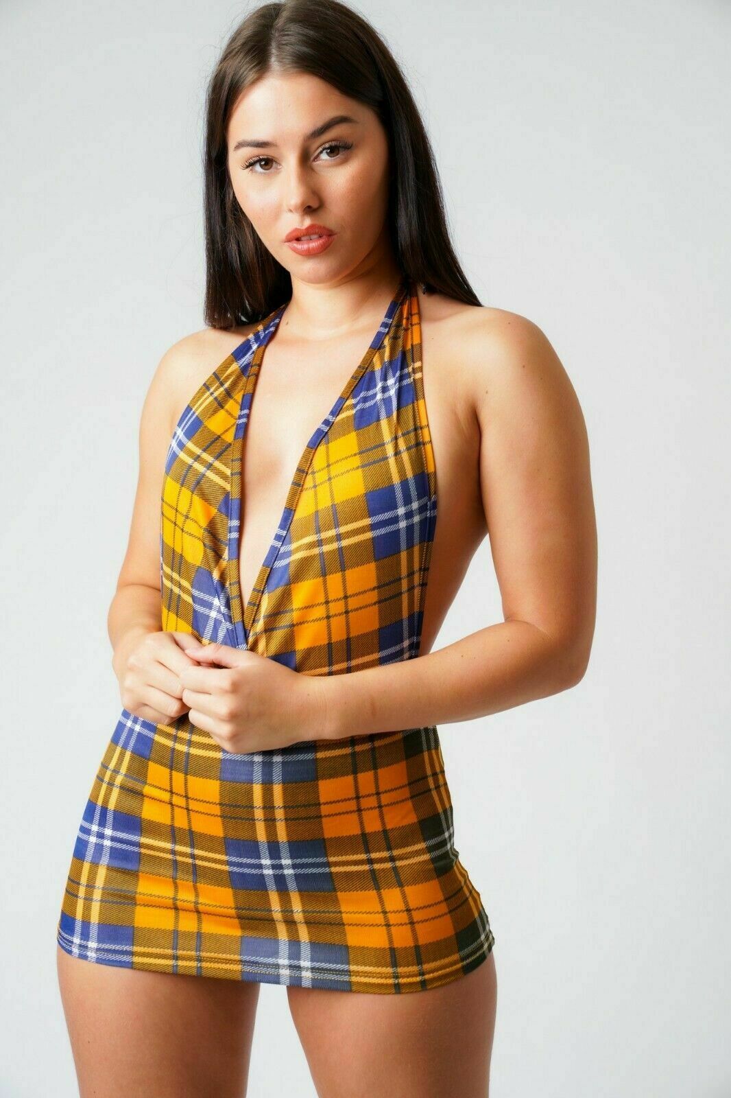 Check Print V- Neck Yellow Dress