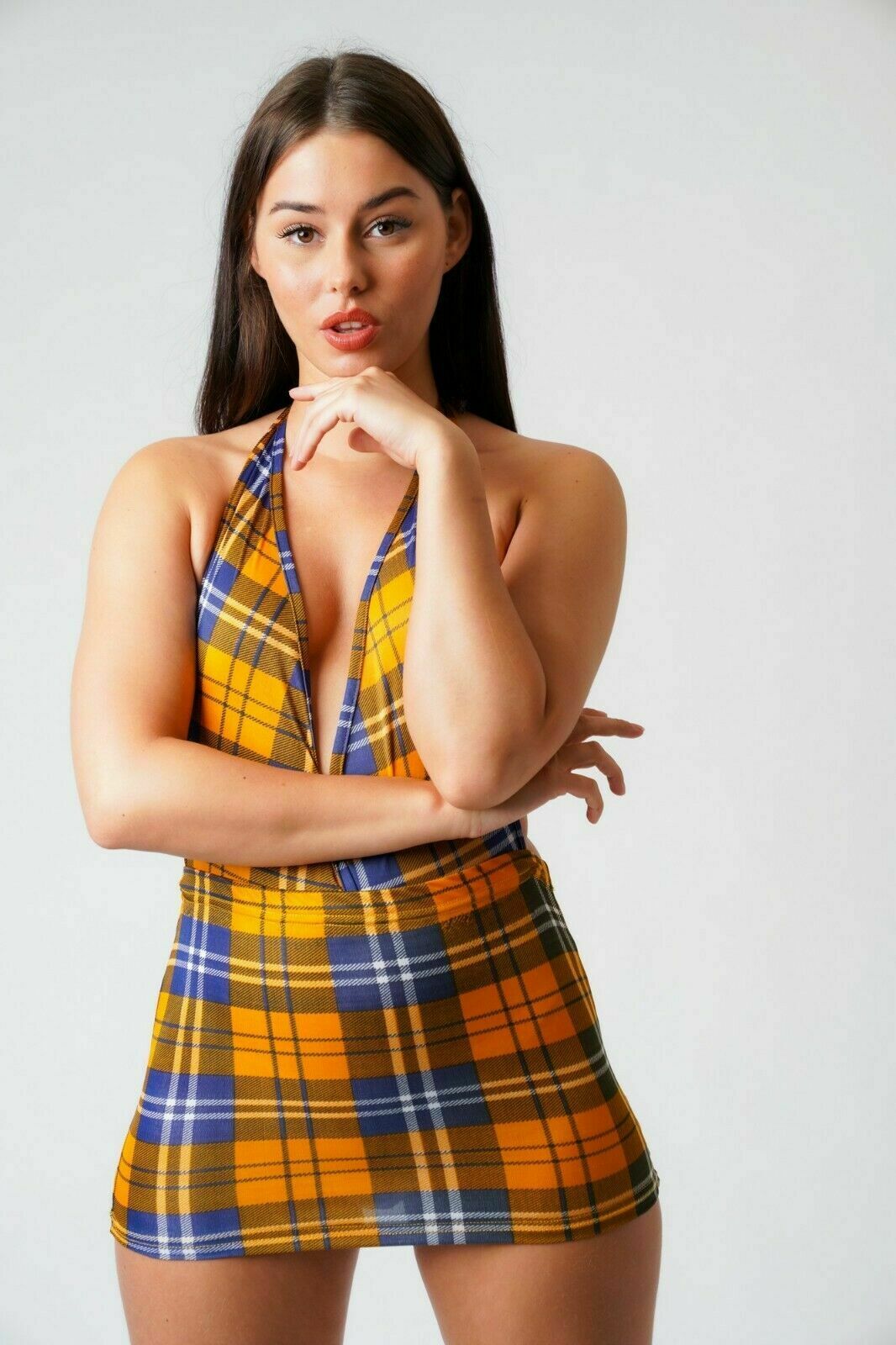 Check Print V- Neck Yellow Dress