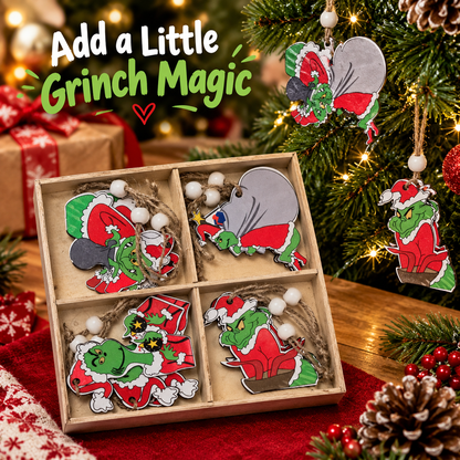 The Grinch Christmas Hanging Decorations with Twine Loops & White Beads – Assorted Festive Tree Ornaments