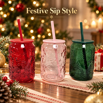Pack of 3 Christmas Glass Tumblers with Lids & Straws Red Pink Green Festive Cups