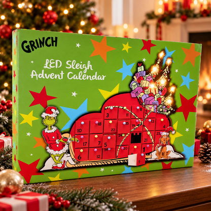 The Grinch LED Sleigh Advent Calendar with 24 Fillable Drawers – Reusable Christmas Countdown Decoration 48cm