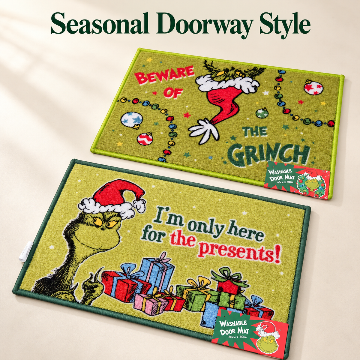 Grinch Christmas Door Mat 60 x 40cm Washable Festive Mat Single or Set of 2