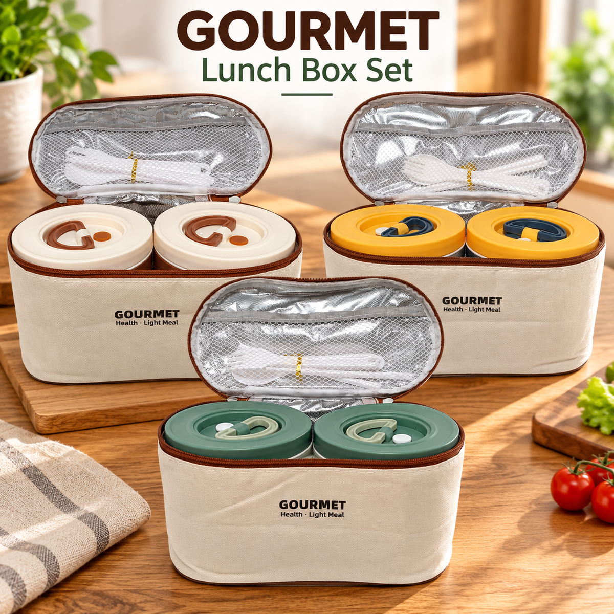 3 Piece Round Lunch Box Set with Insulated Bag & Reusable Cutlery – Navy Blue, Brown or Sage Green