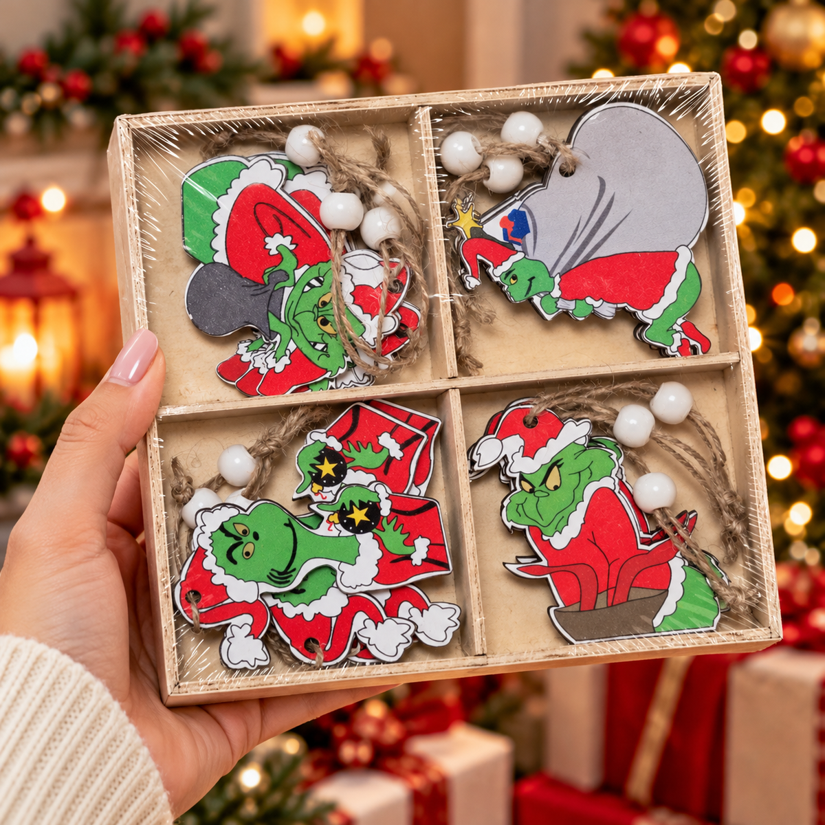 The Grinch Christmas Hanging Decorations with Twine Loops & White Beads – Assorted Festive Tree Ornaments