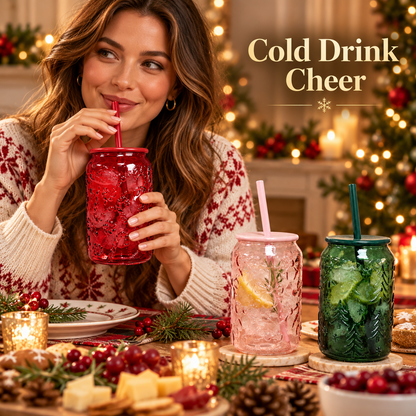 Pack of 3 Christmas Glass Tumblers with Lids & Straws Red Pink Green Festive Cups