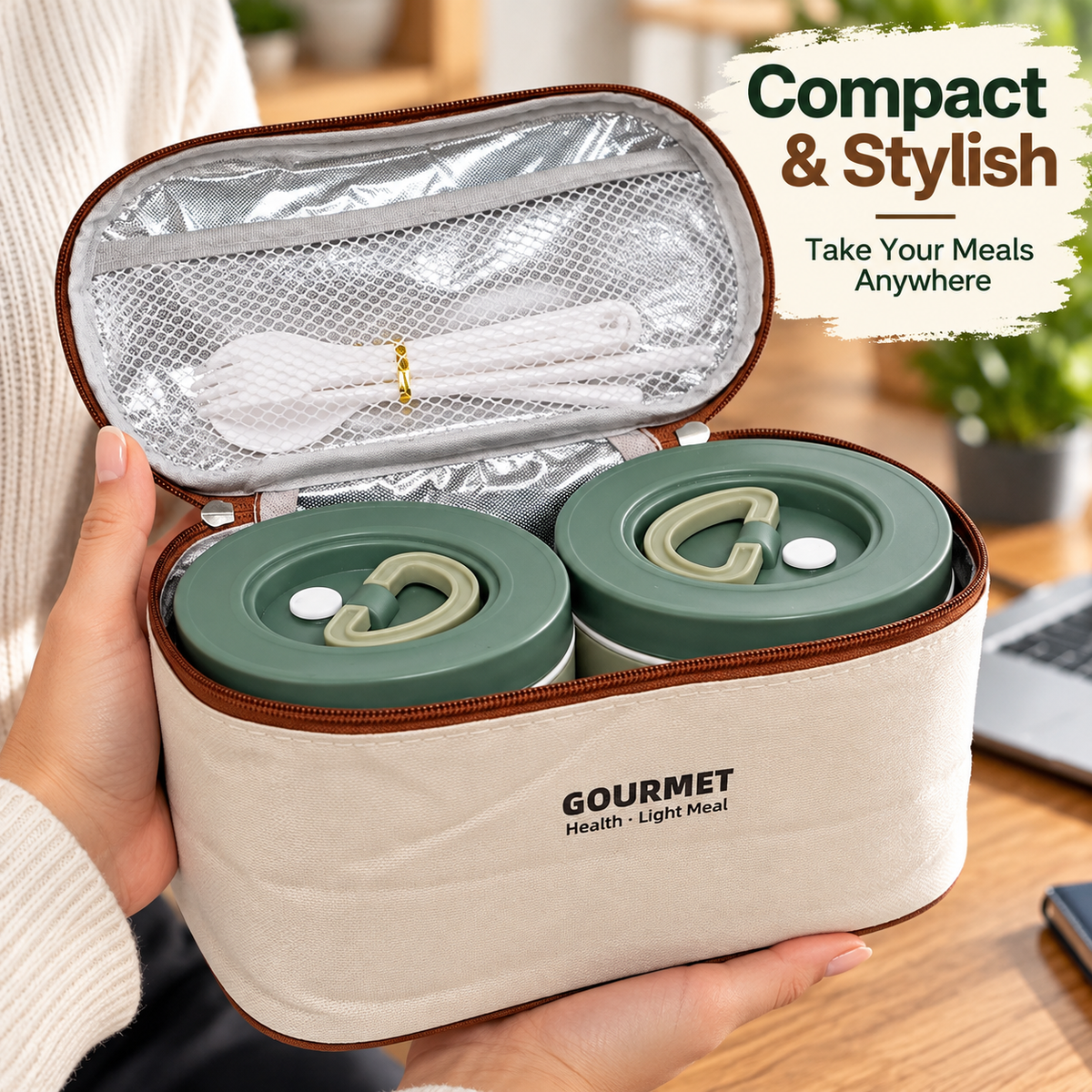3 Piece Round Lunch Box Set with Insulated Bag & Reusable Cutlery – Navy Blue, Brown or Sage Green