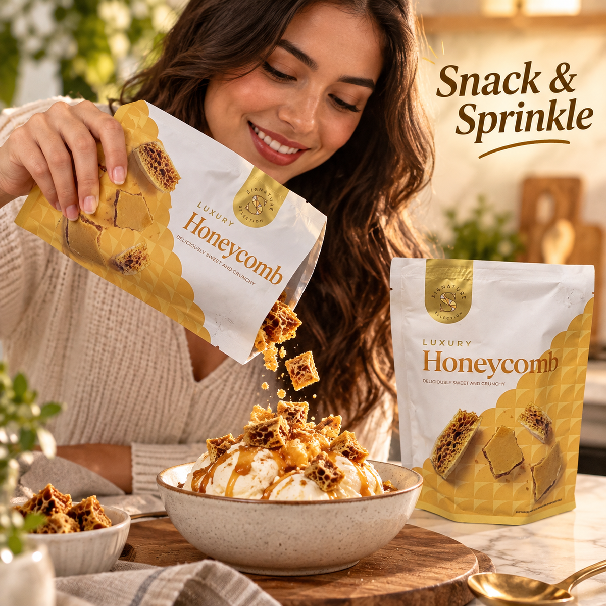 Luxury Honeycomb Pieces 90g Crunchy Sweet Confectionery Vegan Vegetarian Dessert Topping