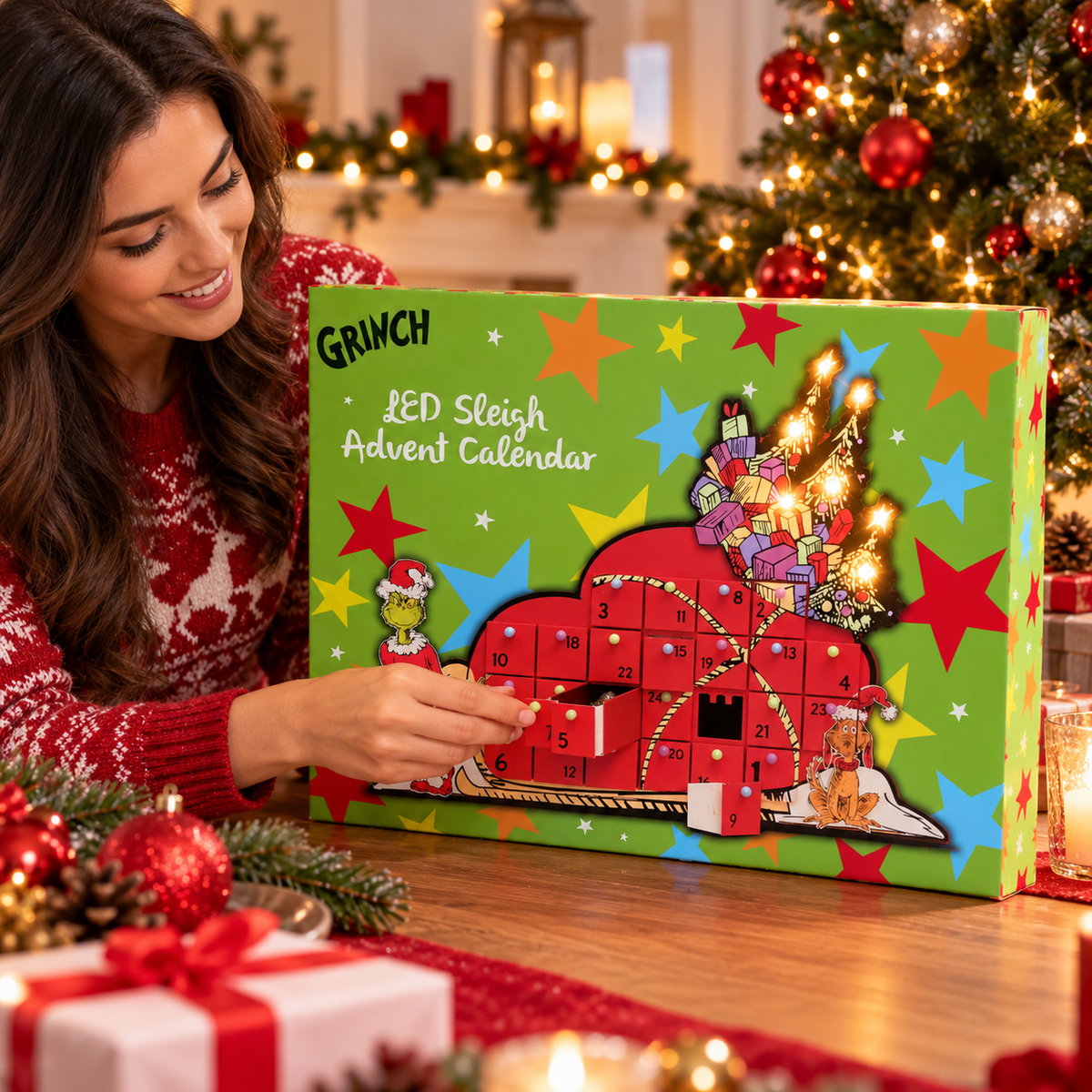 The Grinch LED Sleigh Advent Calendar with 24 Fillable Drawers – Reusable Christmas Countdown Decoration 48cm