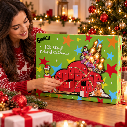 The Grinch LED Sleigh Advent Calendar with 24 Fillable Drawers – Reusable Christmas Countdown Decoration 48cm