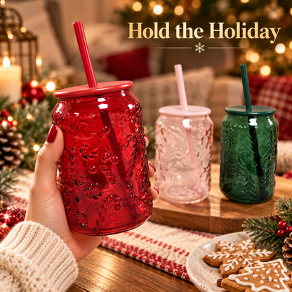 Pack of 3 Christmas Glass Tumblers with Lids & Straws Red Pink Green Festive Cups