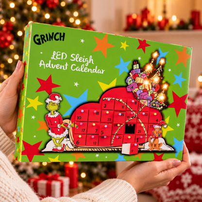 The Grinch LED Sleigh Advent Calendar with 24 Fillable Drawers – Reusable Christmas Countdown Decoration 48cm