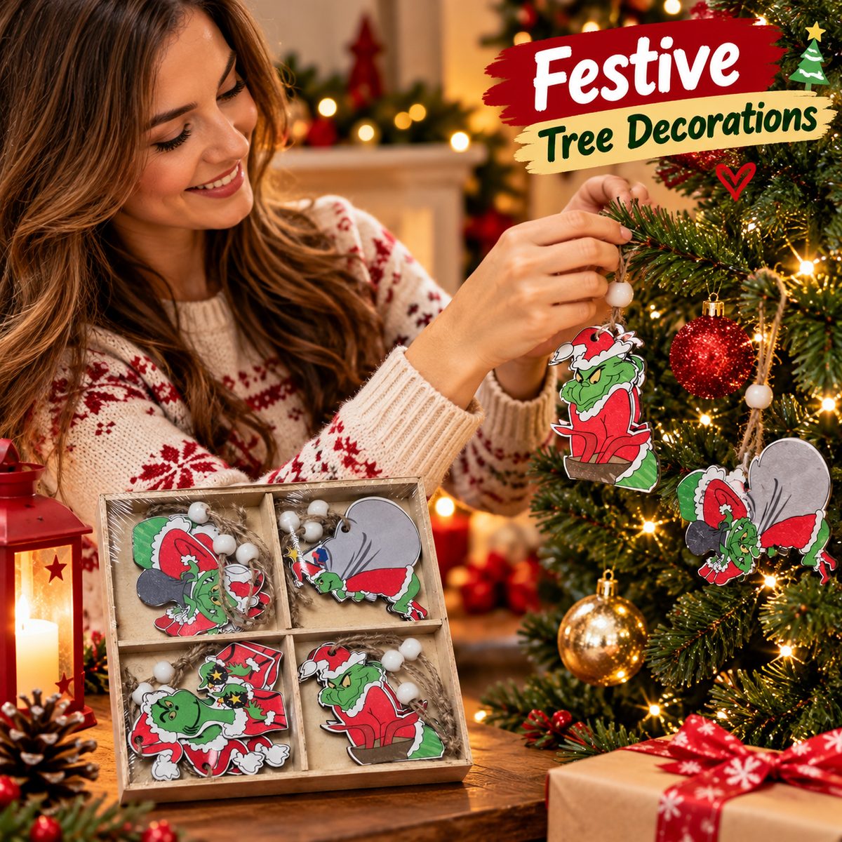 The Grinch Christmas Hanging Decorations with Twine Loops & White Beads – Assorted Festive Tree Ornaments