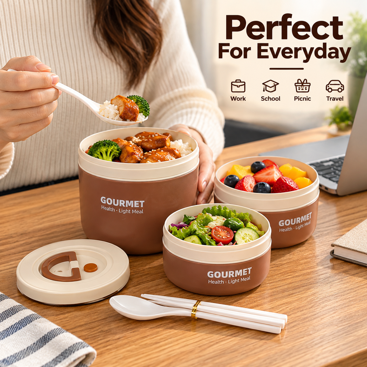 3 Piece Round Lunch Box Set with Insulated Bag & Reusable Cutlery – Navy Blue, Brown or Sage Green