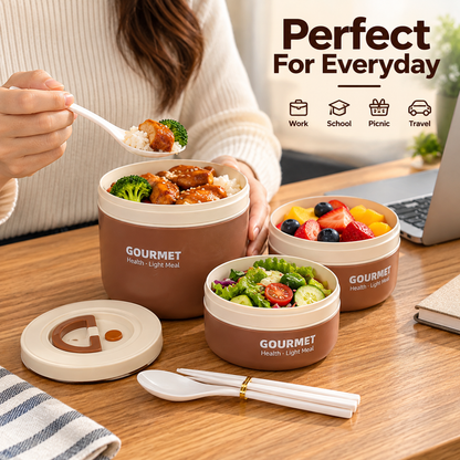 3 Piece Round Lunch Box Set with Insulated Bag & Reusable Cutlery – Navy Blue, Brown or Sage Green