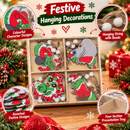 The Grinch Christmas Hanging Decorations with Twine Loops & White Beads – Assorted Festive Tree Ornaments