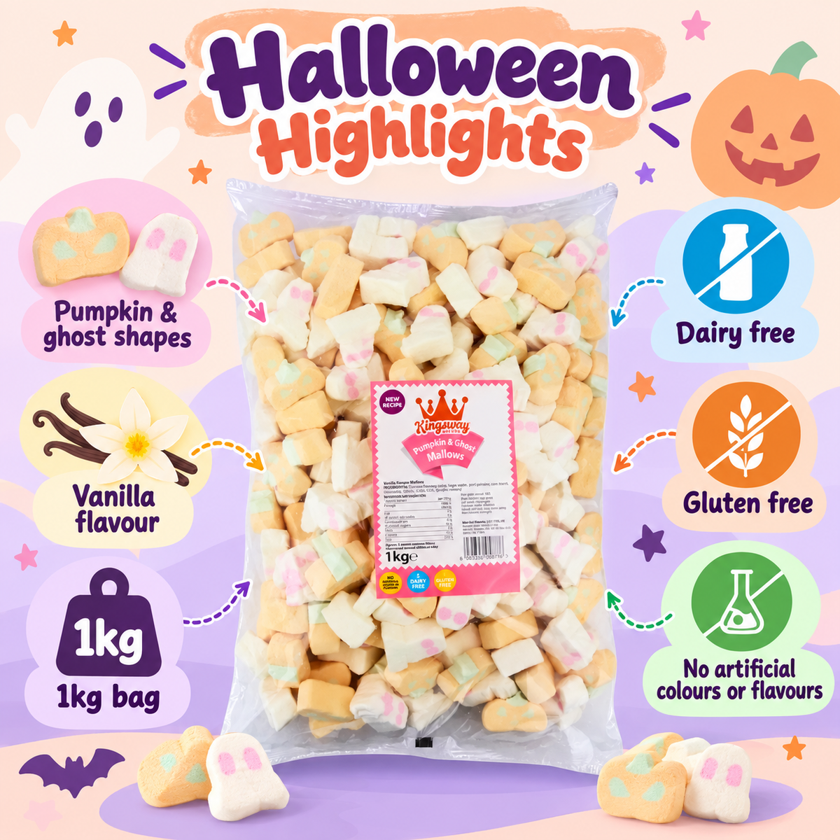 Pumpkin & Ghost Marshmallows 1kg | Vanilla Halloween Sweets for Parties & Pick n Mix