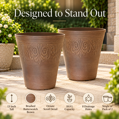 Laurel Tall Planter 13 Inch Brushed Butterscotch Brown 18.9L Garden Pot with 8 Drainage Holes | Single or Pack of 2