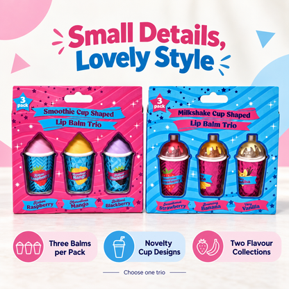Fruity Lip Balm Trio Gift Set Milkshake or Smoothie Cups 3 x 3.8g