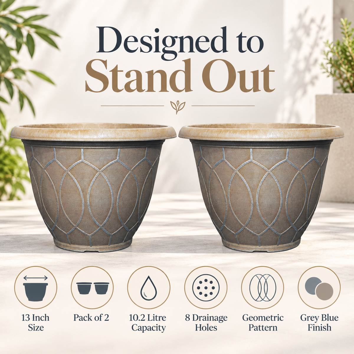 Monaco Planter 13 Inch Grey Blue 10.2L Garden Plant Pot with 8 Drainage Holes | Pack of 2