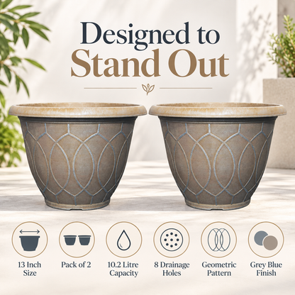 Monaco Planter 13 Inch Grey Blue 10.2L Garden Plant Pot with 8 Drainage Holes | Pack of 2