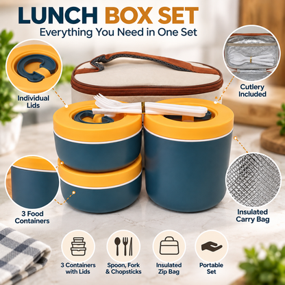 3 Piece Round Lunch Box Set with Insulated Bag & Reusable Cutlery – Navy Blue, Brown or Sage Green