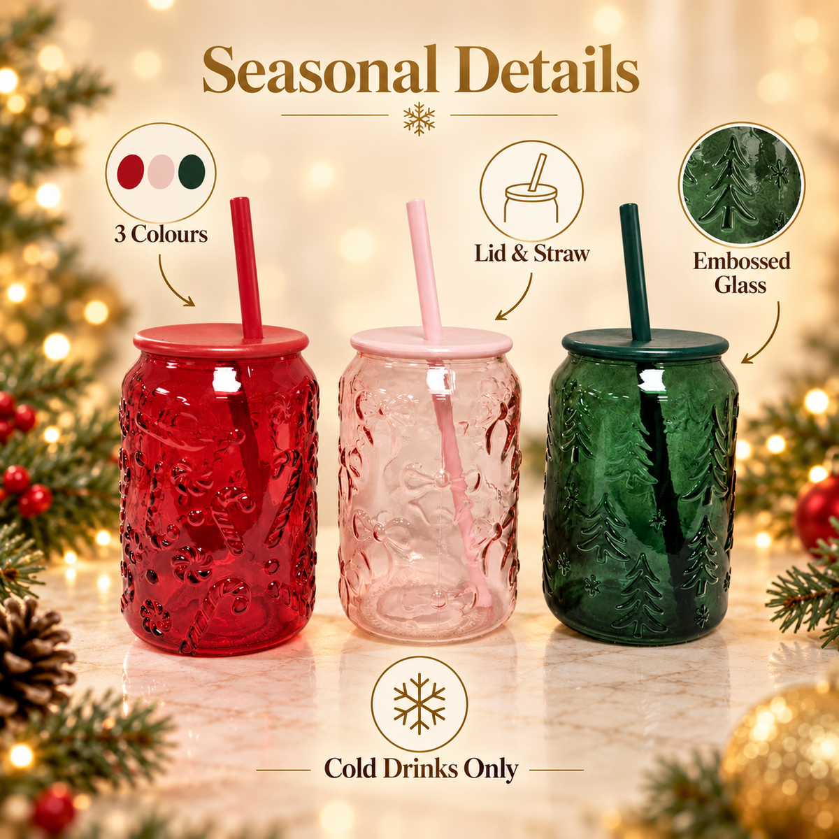 Pack of 3 Christmas Glass Tumblers with Lids & Straws Red Pink Green Festive Cups