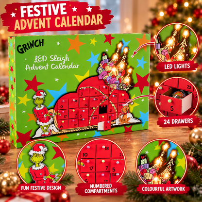The Grinch LED Sleigh Advent Calendar with 24 Fillable Drawers – Reusable Christmas Countdown Decoration 48cm