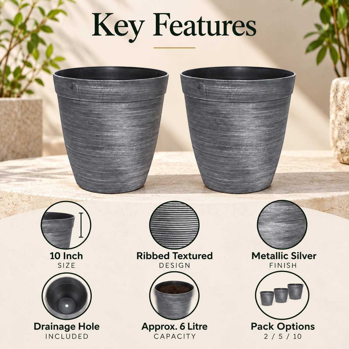 Helix Tall Planter 10 Inch Metallic Silver 6L with Drainage Hole | Pack of 2, 5 or 10