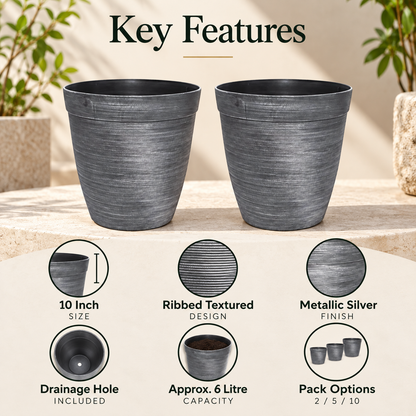 Helix Tall Planter 10 Inch Metallic Silver 6L with Drainage Hole | Pack of 2, 5 or 10