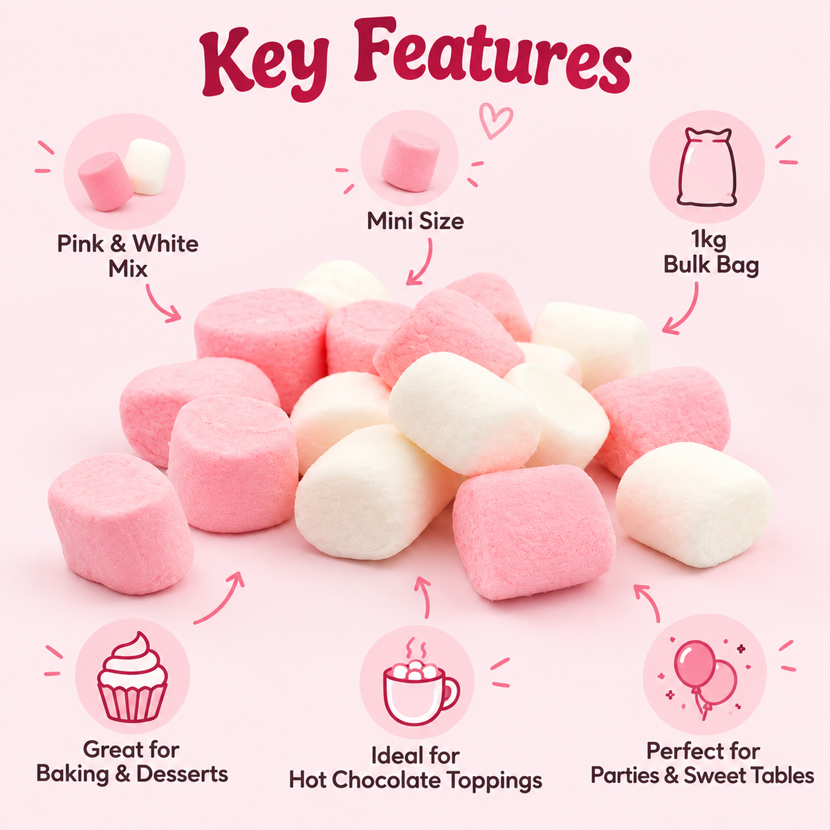 1kg Pink & White Mini Marshmallows | Halal Beef Gelatin Sweets for Baking, Hot Chocolate & Parties