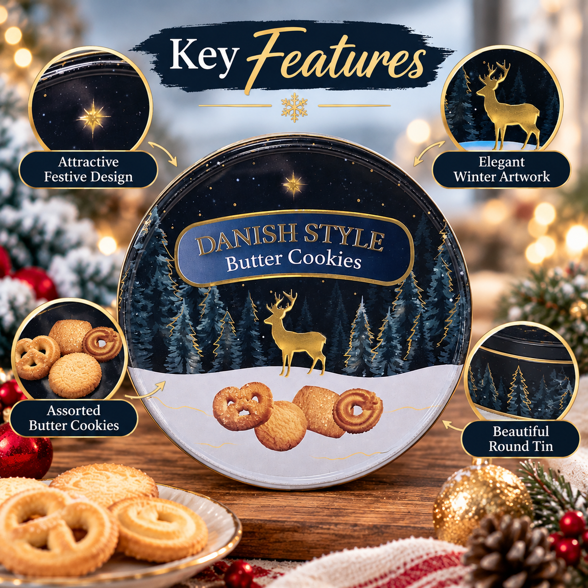 Danish Style Butter Cookies 300g | Christmas Reindeer Biscuit Tin