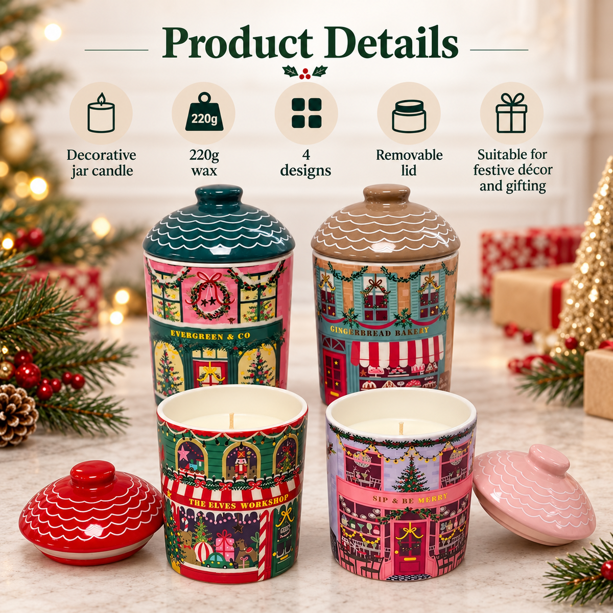 Christmas Fragranced Candle 220g | Decorative Jar Candle with Lid | 3 Festive Designs