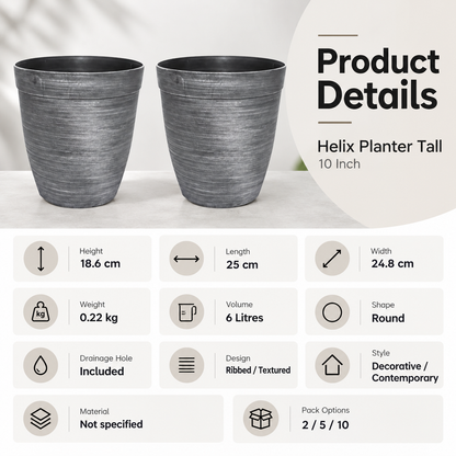 Helix Tall Planter 10 Inch Metallic Silver 6L with Drainage Hole | Pack of 2, 5 or 10