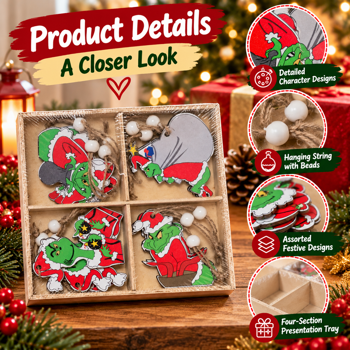 The Grinch Christmas Hanging Decorations with Twine Loops & White Beads – Assorted Festive Tree Ornaments