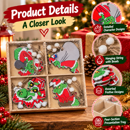 The Grinch Christmas Hanging Decorations with Twine Loops & White Beads – Assorted Festive Tree Ornaments