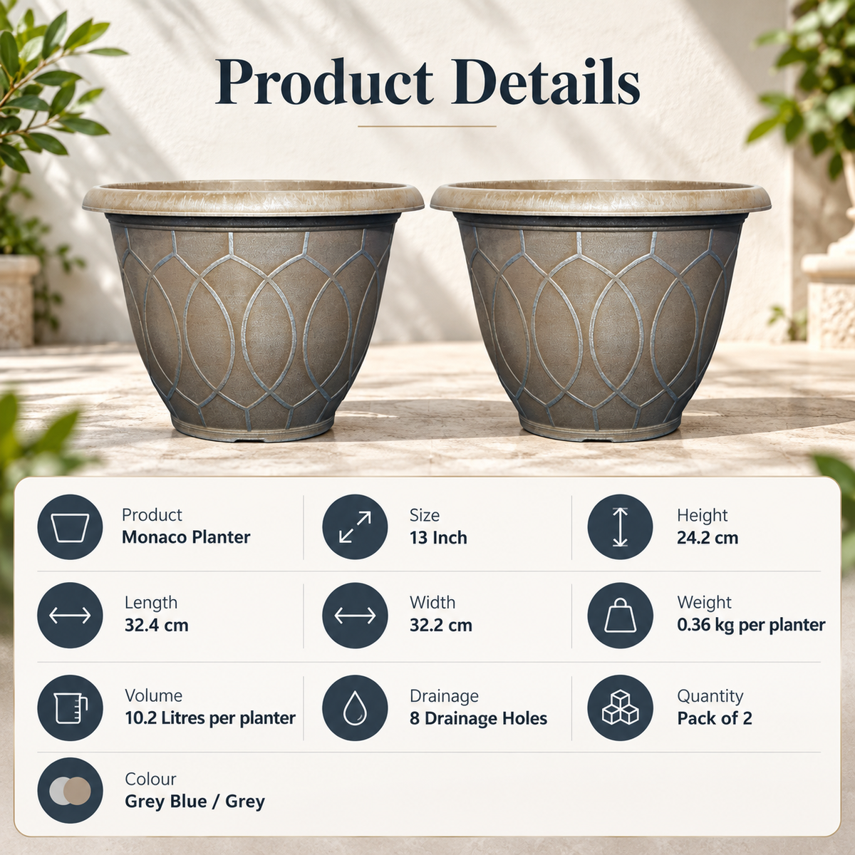 Monaco Planter 13 Inch Grey Blue 10.2L Garden Plant Pot with 8 Drainage Holes | Pack of 2