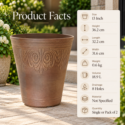 Laurel Tall Planter 13 Inch Brushed Butterscotch Brown 18.9L Garden Pot with 8 Drainage Holes | Single or Pack of 2