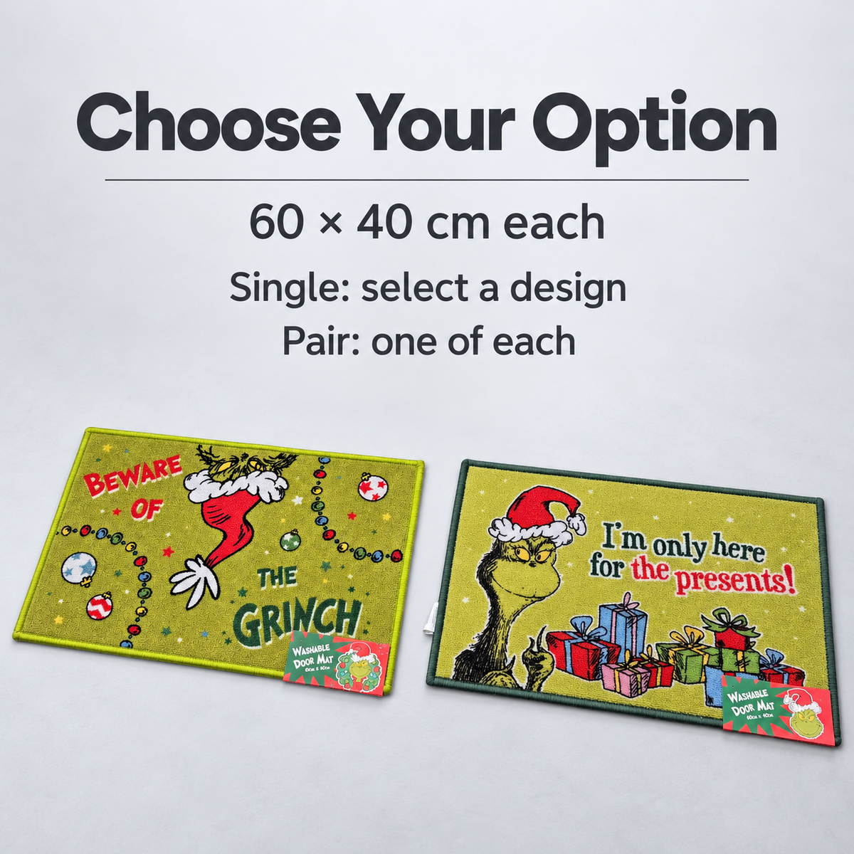 Grinch Christmas Door Mat 60 x 40cm Washable Festive Mat Single or Set of 2