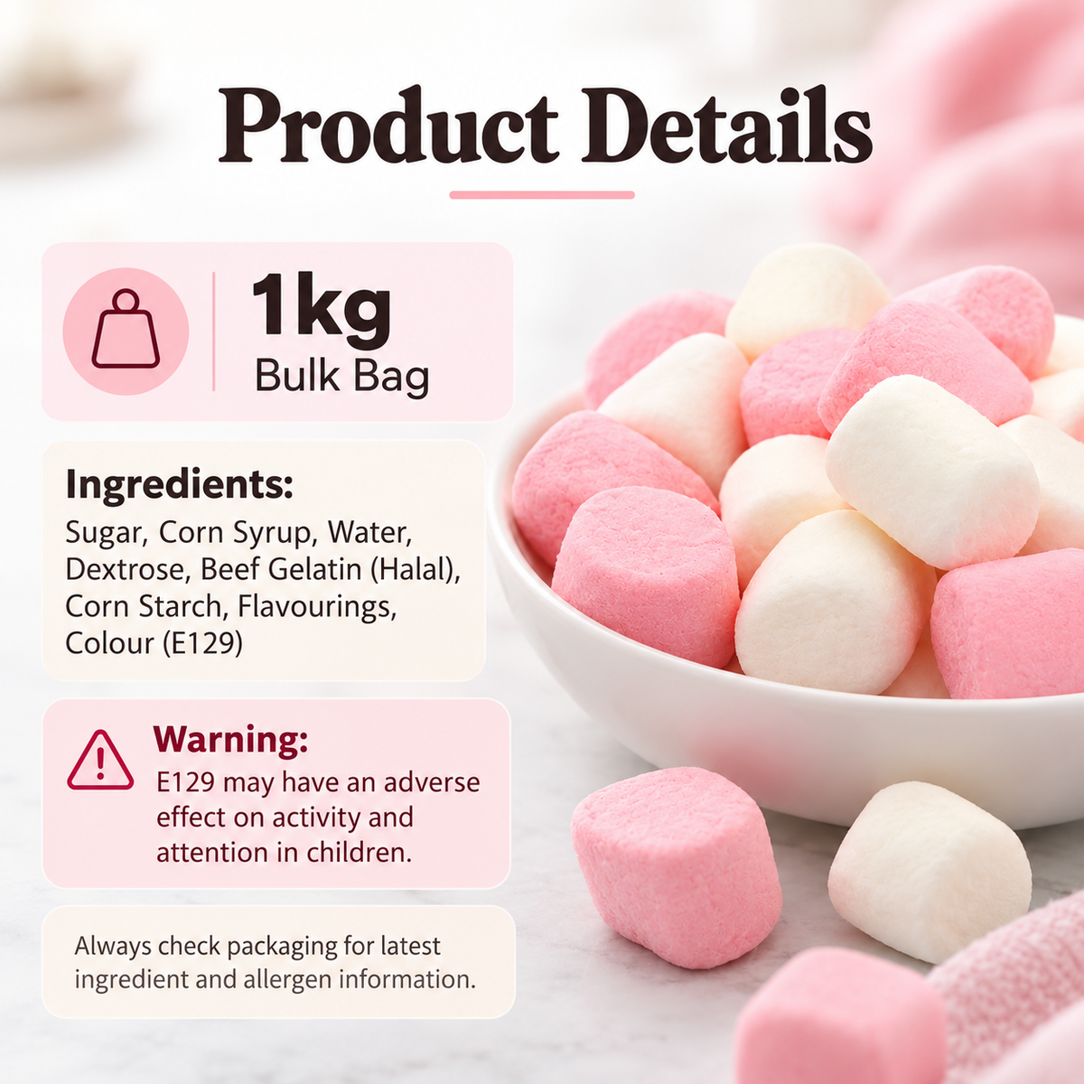 1kg Pink & White Mini Marshmallows | Halal Beef Gelatin Sweets for Baking, Hot Chocolate & Parties