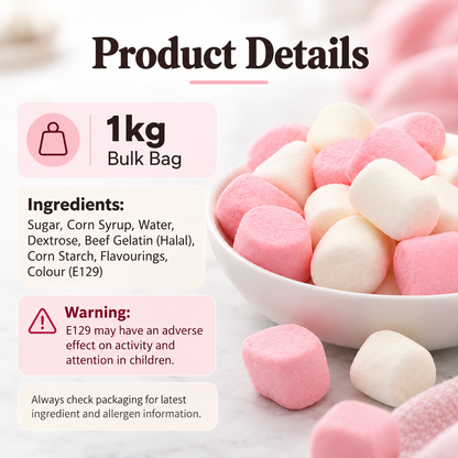 1kg Pink & White Mini Marshmallows | Halal Beef Gelatin Sweets for Baking, Hot Chocolate & Parties