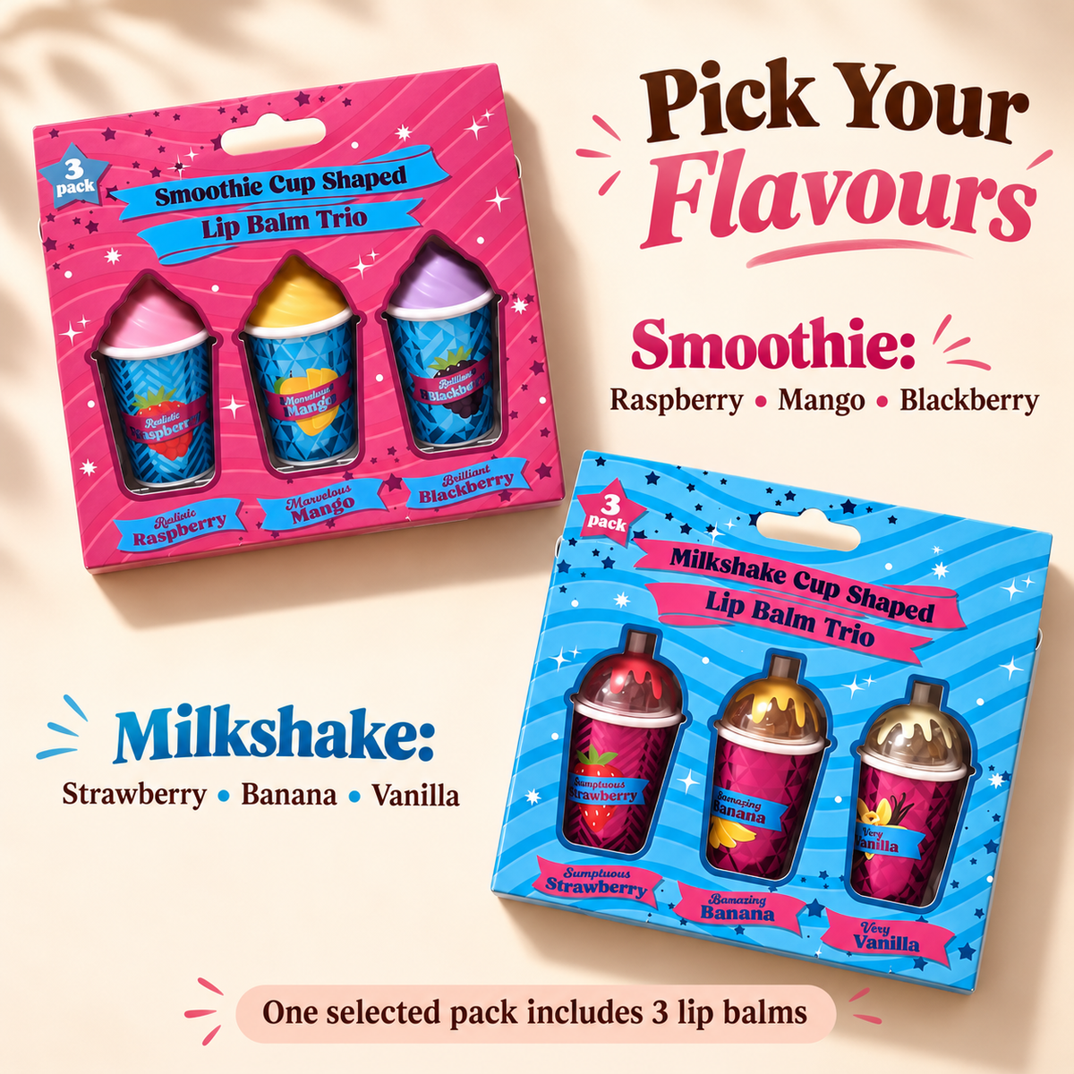 Fruity Lip Balm Trio Gift Set Milkshake or Smoothie Cups 3 x 3.8g