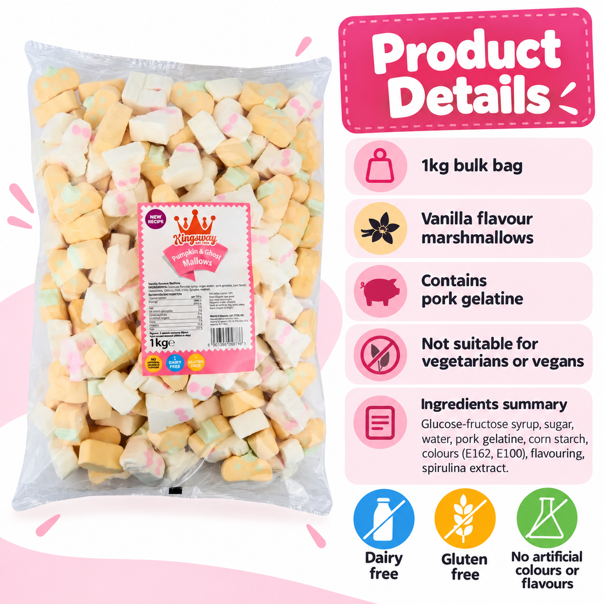 Pumpkin & Ghost Marshmallows 1kg | Vanilla Halloween Sweets for Parties & Pick n Mix