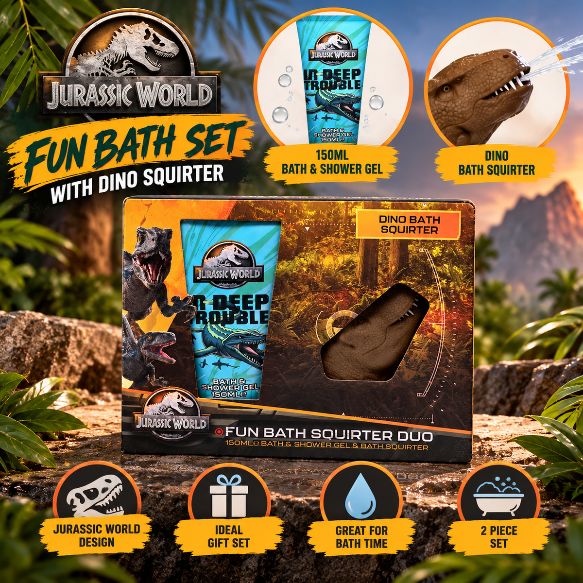 Jurassic World Bath Gift Set 150ml Bath & Shower Gel with Dinosaur Squirter