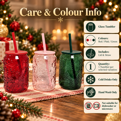 Pack of 3 Christmas Glass Tumblers with Lids & Straws Red Pink Green Festive Cups
