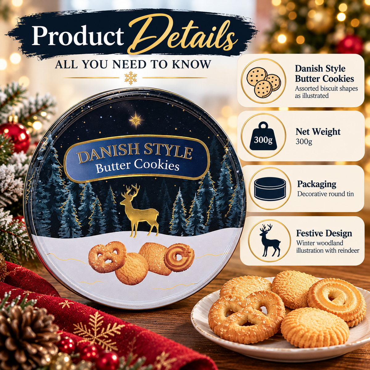 Danish Style Butter Cookies 300g | Christmas Reindeer Biscuit Tin