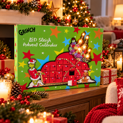 The Grinch LED Sleigh Advent Calendar with 24 Fillable Drawers – Reusable Christmas Countdown Decoration 48cm
