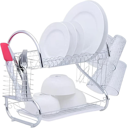 2 Tier Dish Drainer Rack with Cutlery Basket & Glass Holder – Silver