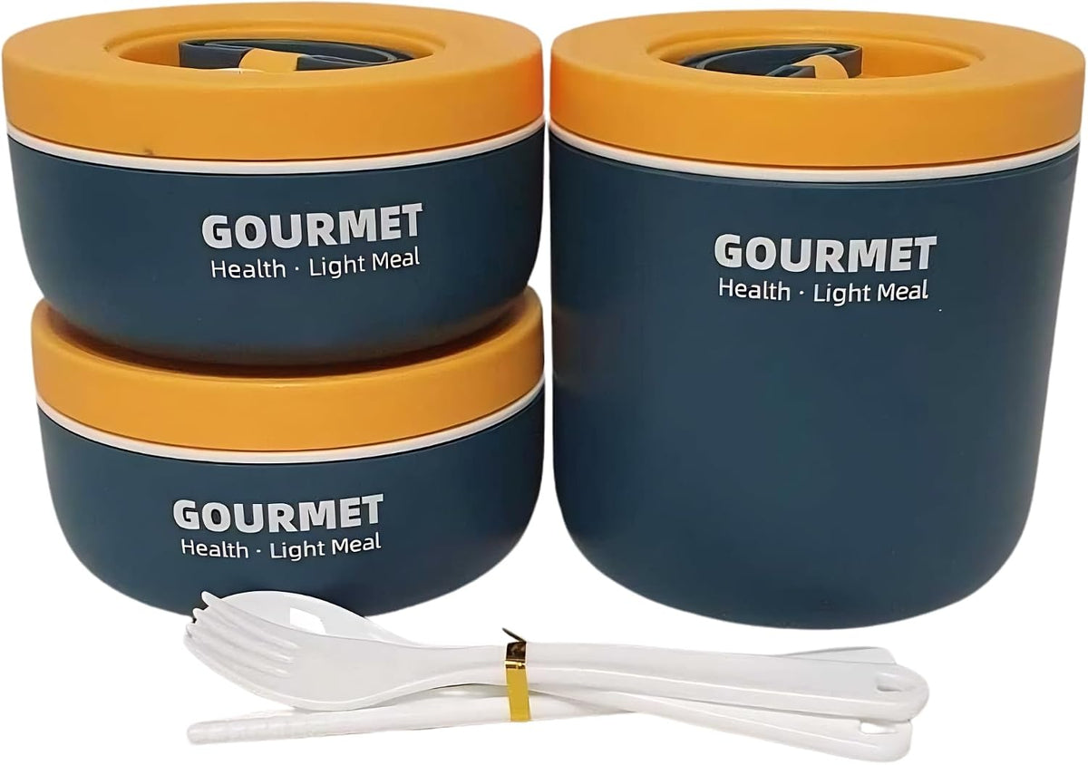 3 Piece Round Lunch Box Set with Insulated Bag & Reusable Cutlery – Navy Blue, Brown or Sage Green